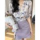 Zhang Azing Manta Rose Atmosphere Overlapping Belt Waist Design Floral Top + High Waist A-Line Skirt