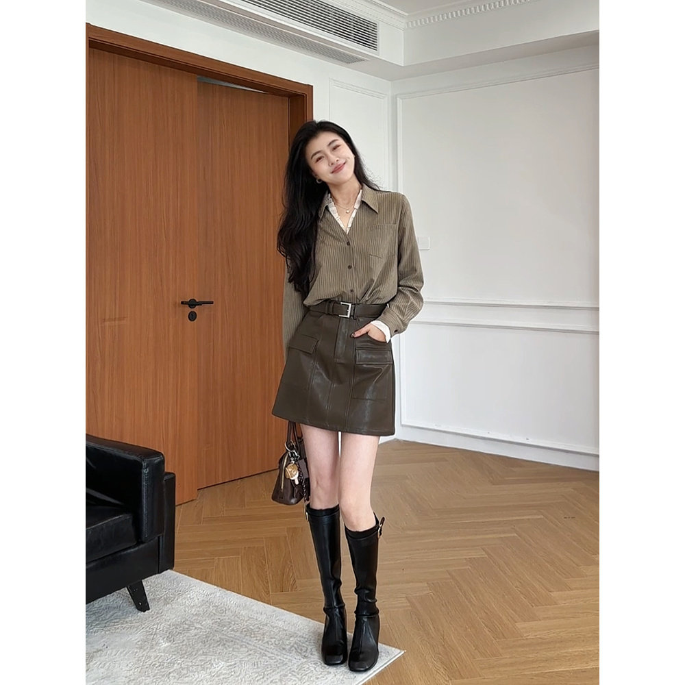 张阿星【艺术街区】秋冬新款蕾丝条纹撞色衬衫+高腰百搭皮半裙,淘宝优惠券,粉丝福利购,淘宝优惠卷