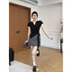 Zhang Azing ພາກໃຕ້ຂອງຝຣັ່ງແບບ Royal Sister style ຄໍ V-bias-ຕັດເສື້ອທີເຊີດສັ້ນ + ຊຸດກະໂປງສີຂີ້ເຖົ່າສໍາລັບແມ່ຍິງ summer