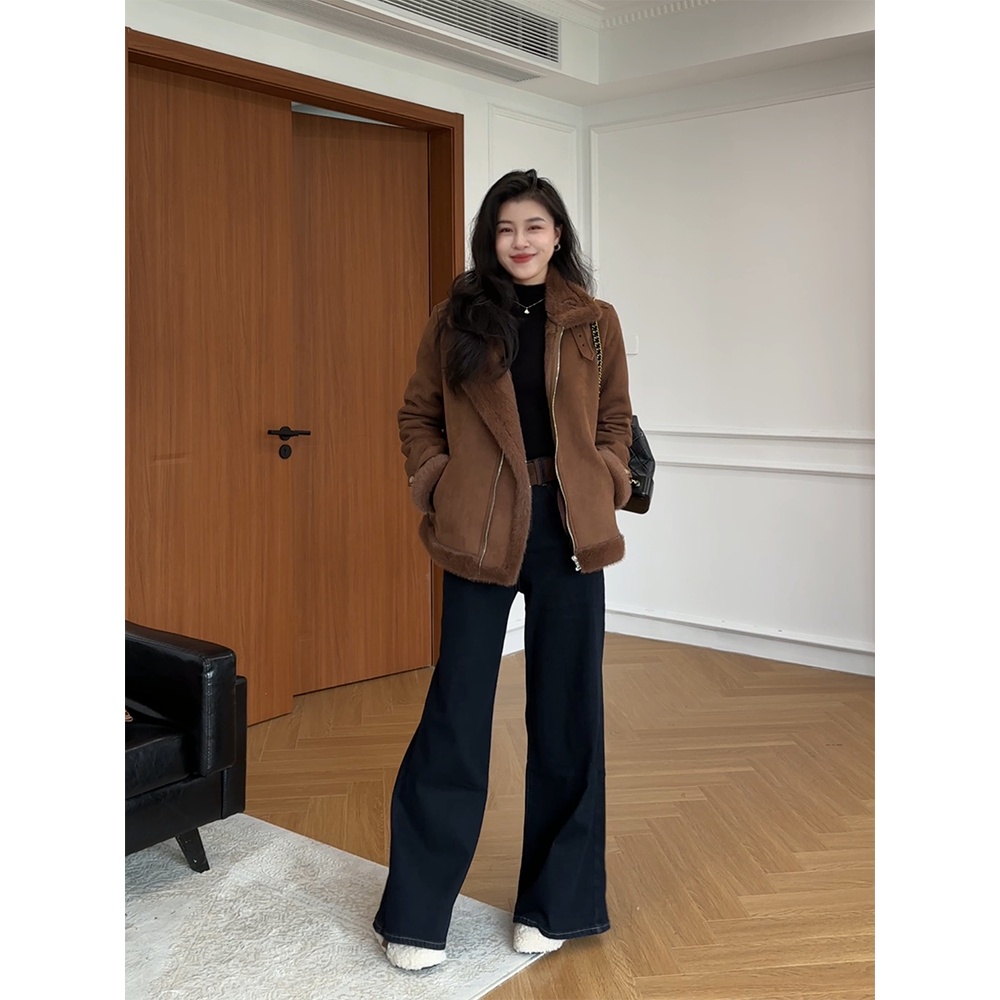 张阿星【北欧暖冬】咖色皮毛一体加厚保暖外套W425T16758 - 图2