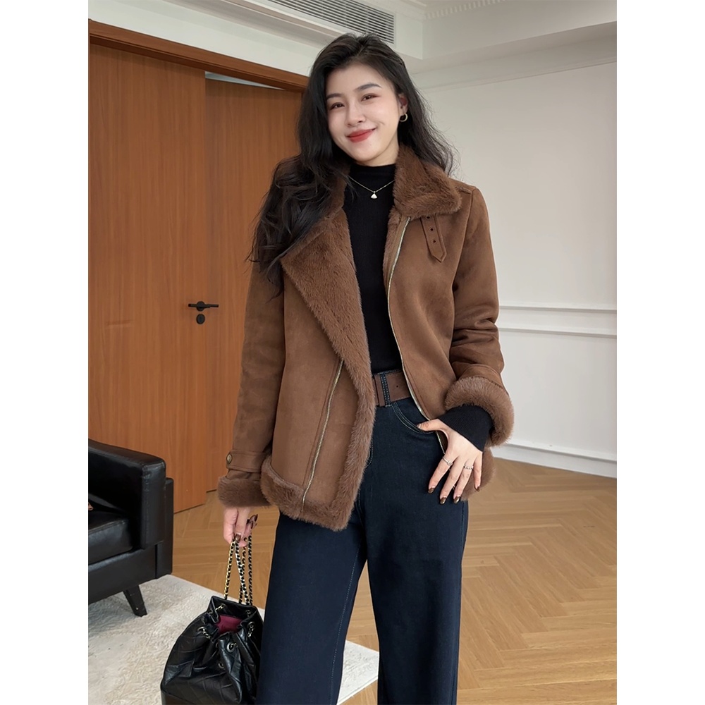 张阿星【北欧暖冬】咖色皮毛一体加厚保暖外套W425T16758 - 图1
