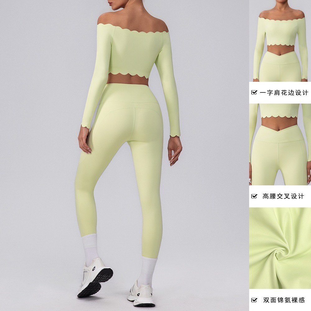 欧美波浪边健身服套装花边单肩文胸一字肩长袖蜜桃长裤瑜伽套装女,淘宝优惠券,粉丝福利购,淘宝优惠卷