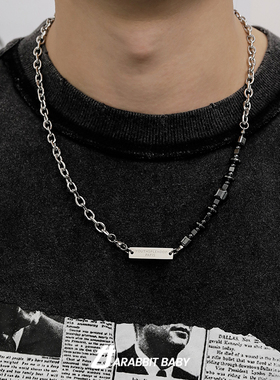 男黑胆石方牌拼接项链毛衣项链