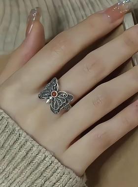 复古南红蝴蝶戒指花丝镂空做旧新中式女掐丝小众可调节指环高级