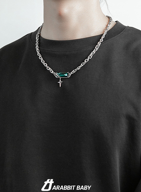 钛钢古巴链男女绿钻项链