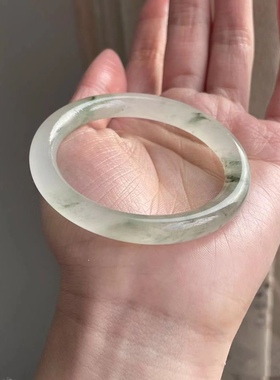 天然新疆天山翠冰种金丝玉正品翡翠色圆条手镯扁条飘花玉镯子真玉