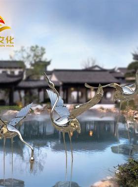 户外草坪庭院摆件不锈钢仙鹤雕塑金属镜面园林景观工艺品摆件现货