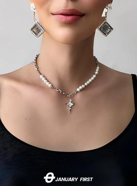 不规则金属石头钛钢项链男女生高级感冰裂珠珍珠拼接时尚情侣小众