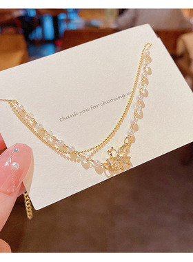 双层珍珠锆石花朵项链