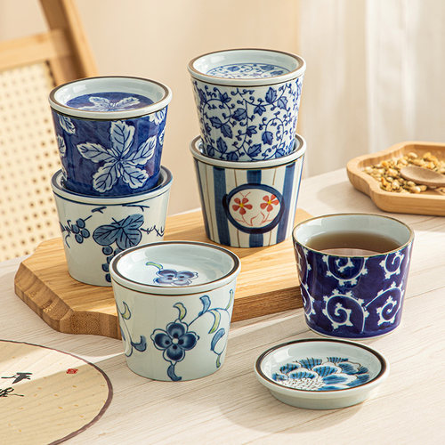 主人杯青花瓷日式陶瓷茶杯带盖茶碗复古咖啡杯喝茶小杯子猪口杯 - 图0