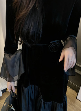 法式超仙黑色玫瑰花腰带女配饰连衣裙子束腰打结多用百搭绑带链条
