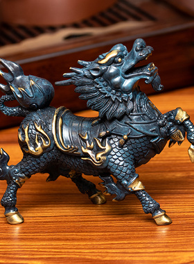 铜麒麟摆件一对福财吉祥物