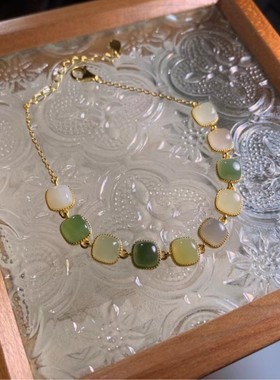 S925纯银镶嵌天然和田玉碧玉几何手链女简约气质多宝宫廷风手饰