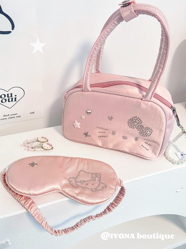 IVONA【奶泡泡缎^】原创烫钻粉色kitty少女心Y2k猫咪手提包包女 - 图1