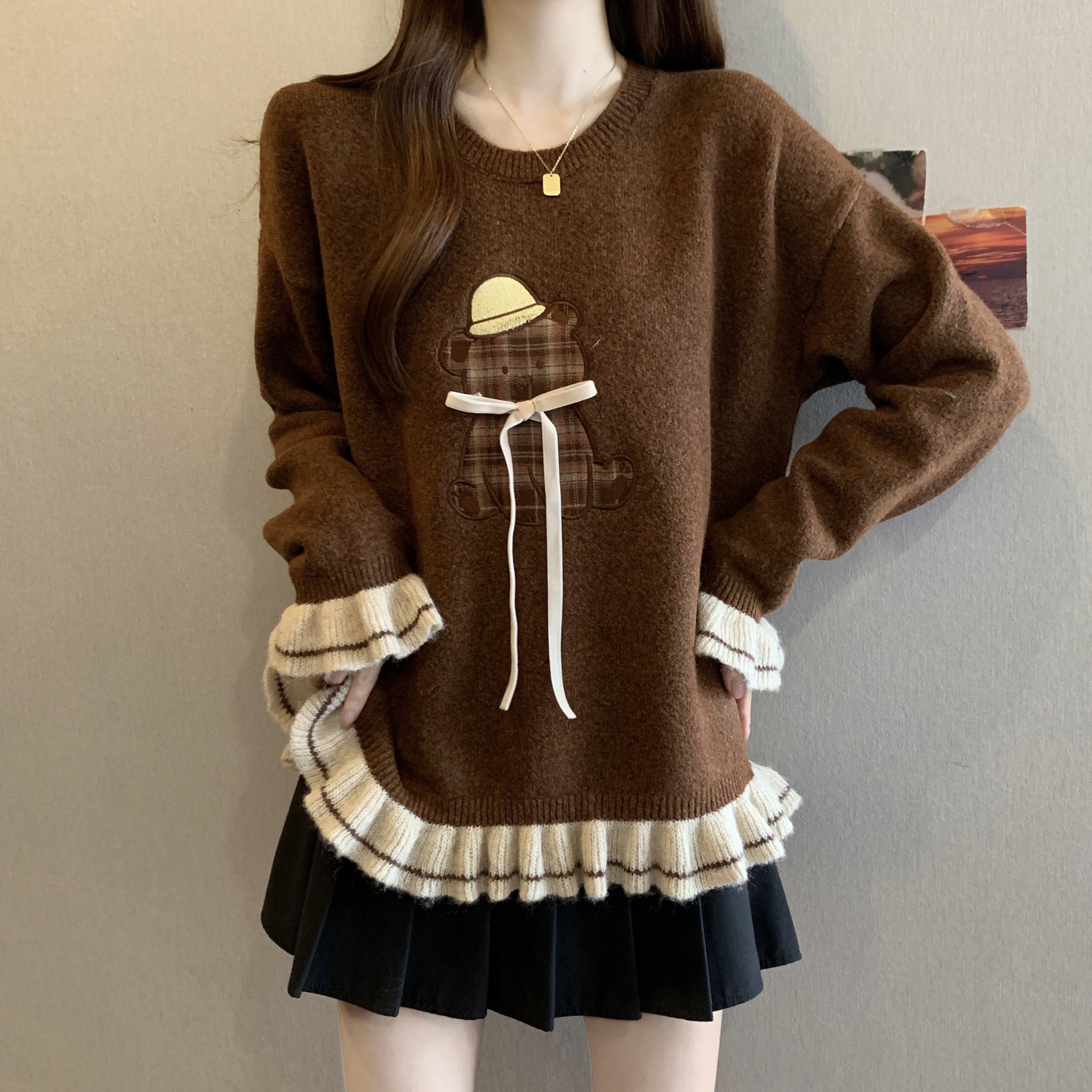 实拍~大码胖mm刺绣小熊图案毛衣棕色上衣秋冬新款显瘦遮肉针织衫,淘宝优惠券,粉丝福利购,淘宝优惠卷