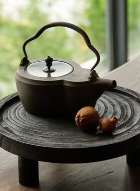 侘寂风复古黑色泡桐木三足果盘阳台客厅茶几木质托盘装饰品摆件