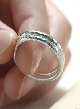 锤纹戒指男999纯银手工定制情侣对戒闭口素圈尾戒女刻字实心戒指