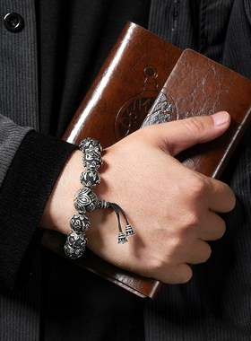 990纯银串珠手链男士款复古国风手工编织佛珠手绳手串女情侣饰品