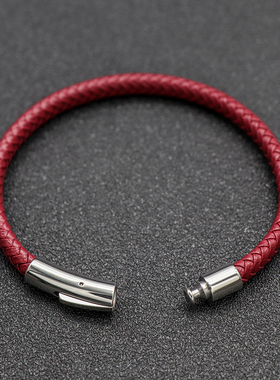 韩版简约红色编织皮手链个性潮人百搭黑色手环男女本命年首饰刻字