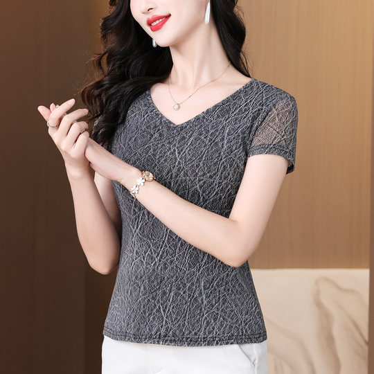 Camiseta de manga corta impresa de moda para mujeres en verano 2025 Nueva camisa de encaje elástico de malla delgada delgada delgada