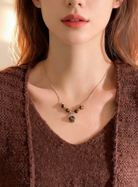 复古皮革虎眼石项链气质