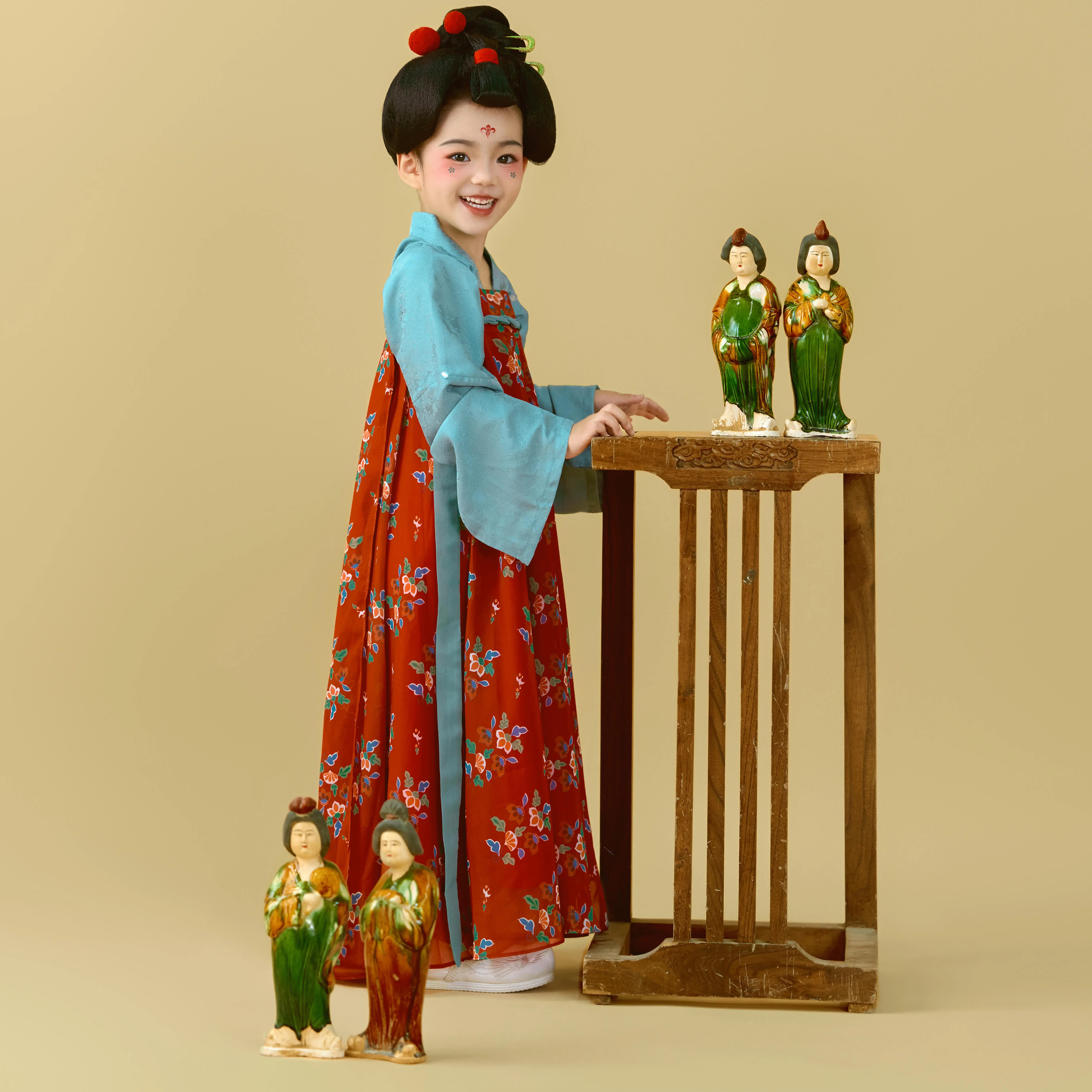 女童汉服蓝衣红裙子儿童唐制齐胸襦裙古风连衣裙唐佣网红复原风 - 图0