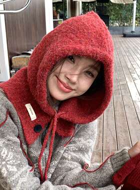 巴拉克拉法帽新款女冬季显脸小护耳围脖一体保暖针织卷卷毛线帽