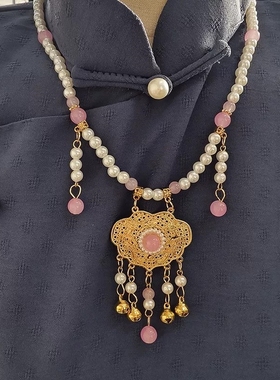 汉服璎珞马面裙配饰古风儿童项链吊坠复古仿珍珠链如意锁长流苏