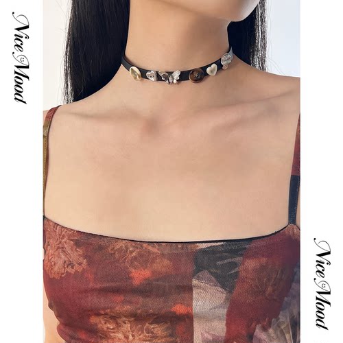 NiceMood 蝴蝶爱心纽扣项链项圈甜酷choker辣妹颈链y2k爱心网红风 - 图1