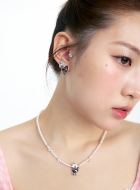 黑粉小猫蝴蝶结珍珠项链新年礼物