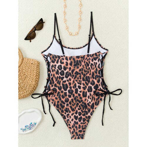 复古豹纹印花细肩带连体女泳衣bikini One-piece swimming suit - 图1