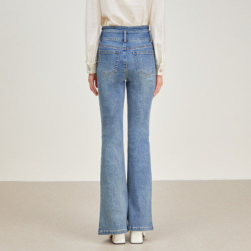 SOMSOM索玛2025春装新款微喇牛仔裤女休闲百搭前开叉高腰显瘦百搭 - 图2