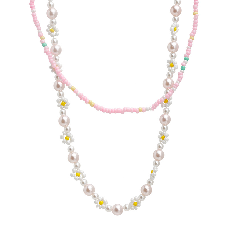 srrmhyn粉色珍珠花朵项链2件套 清新夏日新款锁骨链甜美可爱少女 - 图3