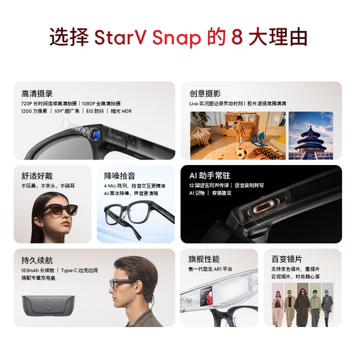 MEIZU魅族AI拍摄眼镜StarV Snap眼镜无线AI智能眼镜1080P拍照12国语言翻译眼镜解题视频拍照识别 - 图1