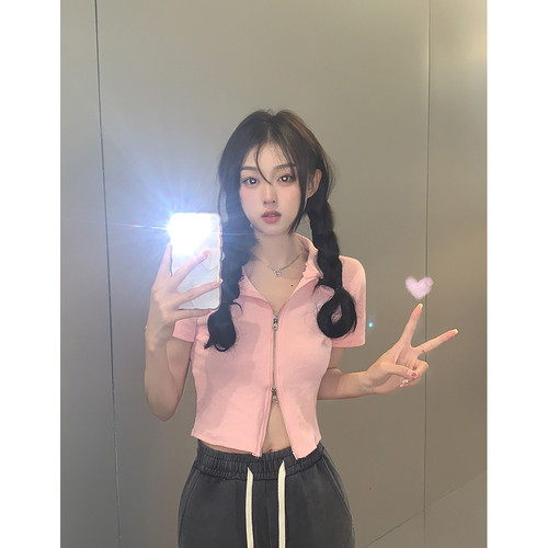 纯欲风辣妹灰色polo领短款T恤女2026夏设计感双拉链短袖上衣ins潮 - 图0