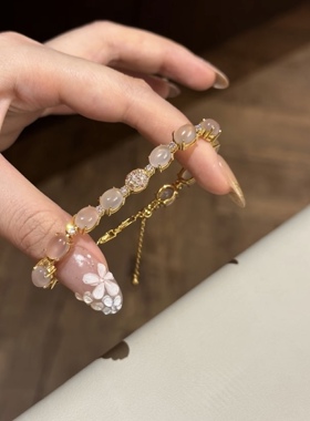 不掉色925银镀金天然粉水晶珍珠手链女款时尚百搭手串送女友礼物