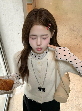 韩系ins黑色波点蝴蝶结珍珠项链女搭配衣服装饰毛衣链长款配饰品