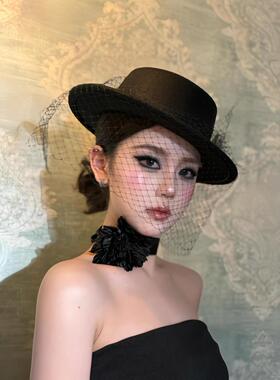 复古小礼帽女法式赫本风黑色网纱名媛优雅平顶礼服旗袍头饰帽子秋