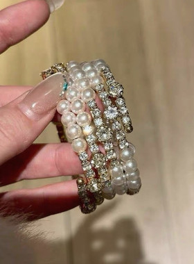 vintage中古珍珠金色手镯女多层宽边叠戴轻奢小众高级感精致手饰
