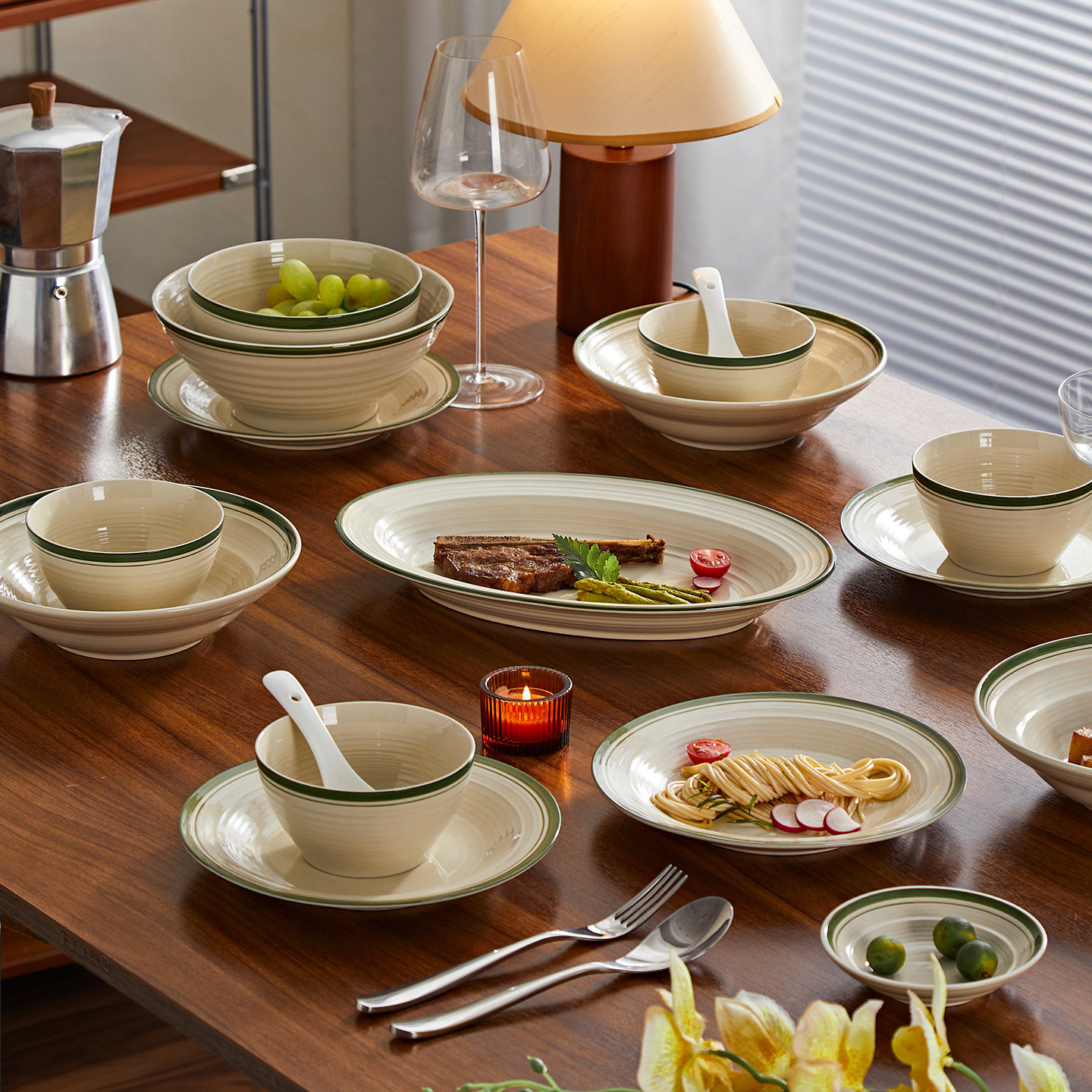 复古餐具套装家用2025新款高颜值简约陶瓷碗盘组合乔迁送礼绿韵