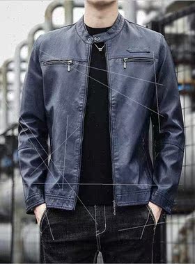 Spring Autumn men motorcycle leather jacket button collar ja