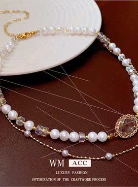 Square oval crystal pearl double layer necklace fashion coll
