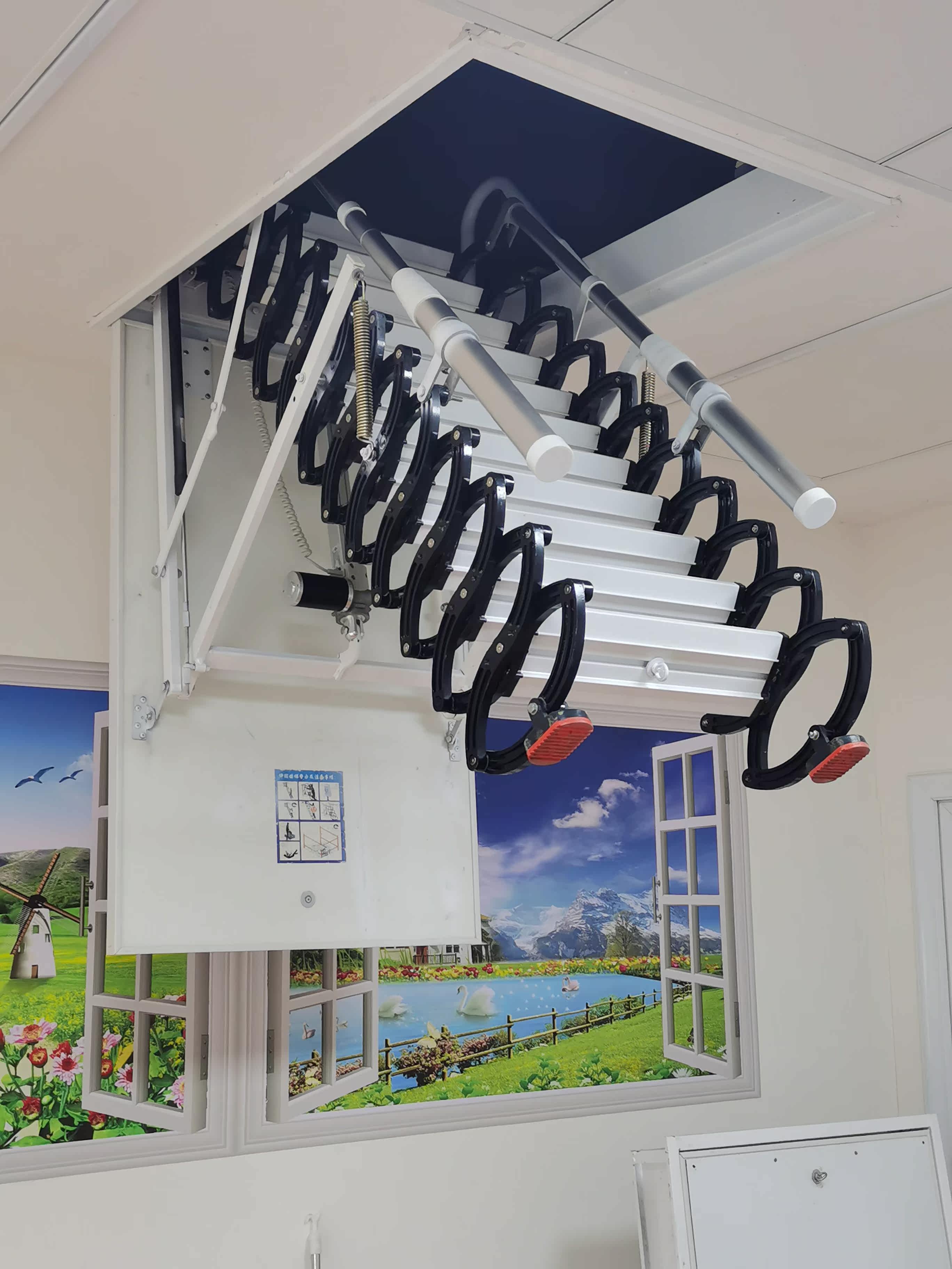 钛镁合金多功能伸缩楼梯遥控折叠升降家用复式电动收缩伸拉梯子