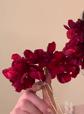 香氛玫瑰新中式红色花朵发簪发钗女古风汉服侧边夹发饰订婚头花