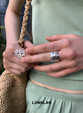 LONSLAN ACC 春夏韩系繁华开口银色夸张戒指银杏树叶宽版指环