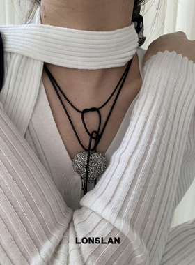 LONSLANACC闪钻爱心长款皮绳项链
