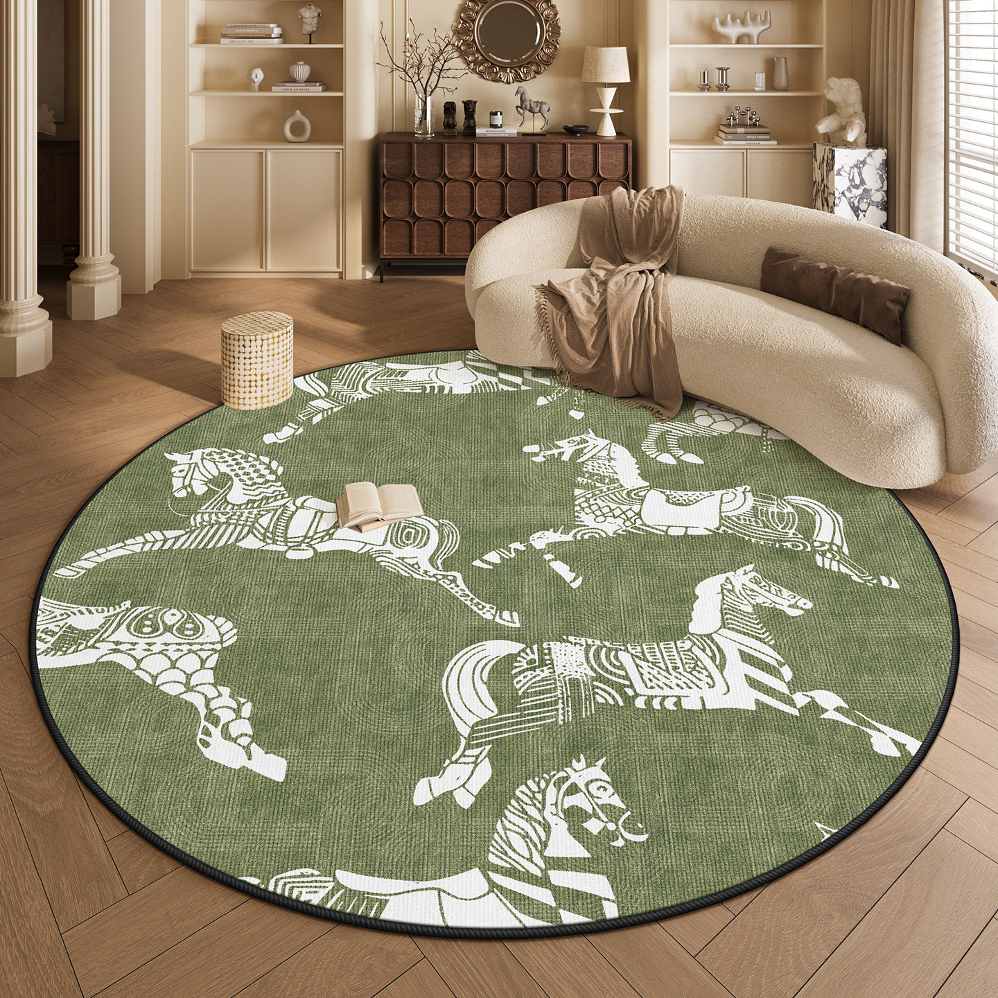 Wabi-Sabi Wind Horse Round Carpet Living Room Bedroom Light Luxury Bedside Dresser Floor Mat Waterproof, Anti-fouling, High-end and Thick