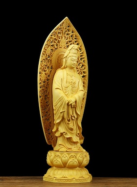 黄杨木雕念珠观音实木制工艺品圆雕半手工 家居摆件大叶黄杨木