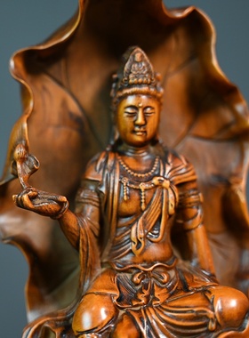 小叶黄杨木仿古荷叶观音家居佛像摆件办公室装饰摆饰木质工艺品