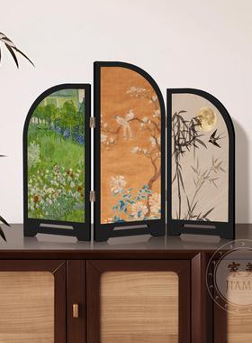 中古风墨竹花鸟小屏风客厅桌面摆件装饰品覆古艺术玄关电视柜摆画